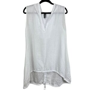 Inizio White Sleeveless Hooded Tie Hem Lagenlook Button-Back Linen Tunic